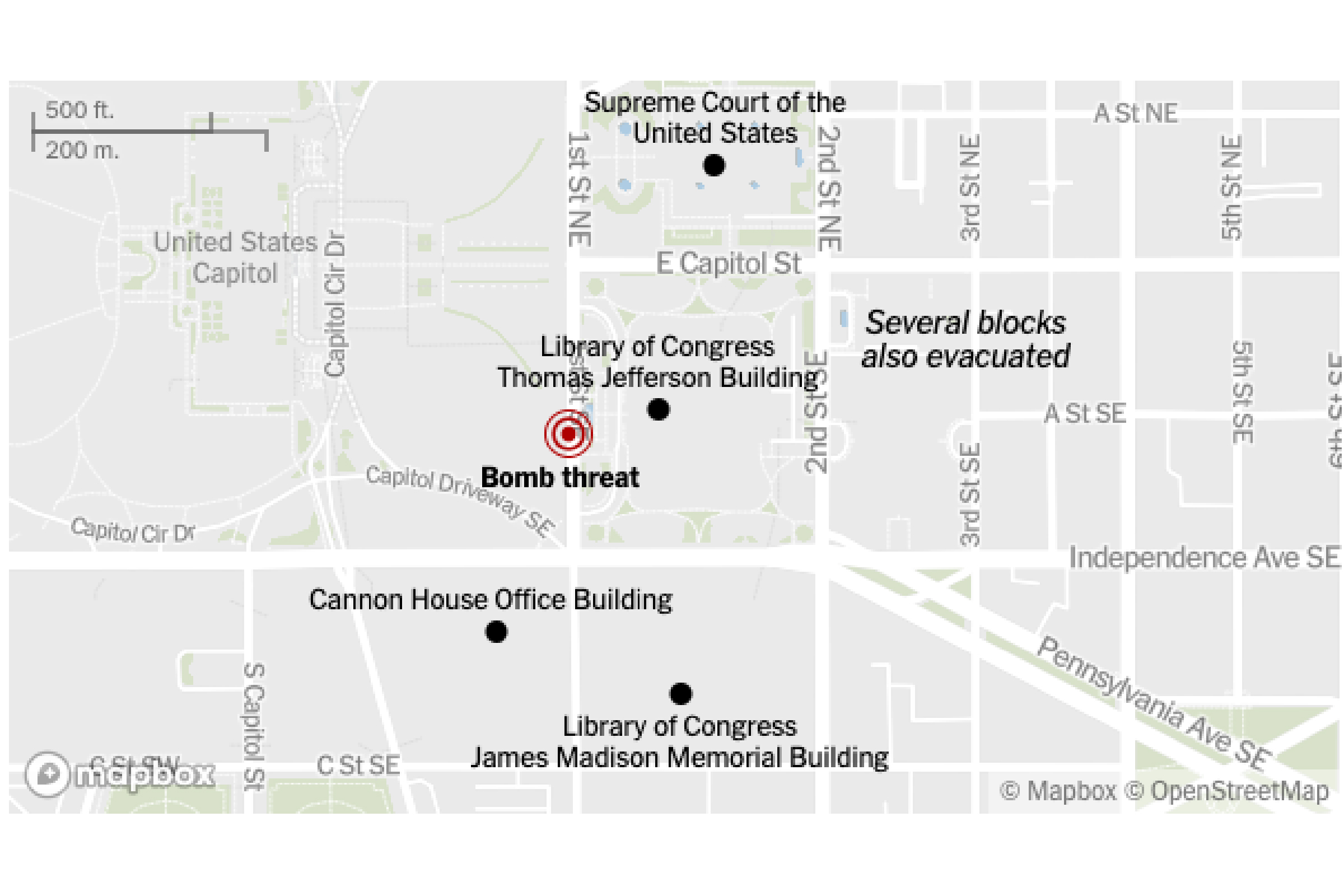Mapped location of a D.C. bomb threat, including key buildings and evacuated blocks.