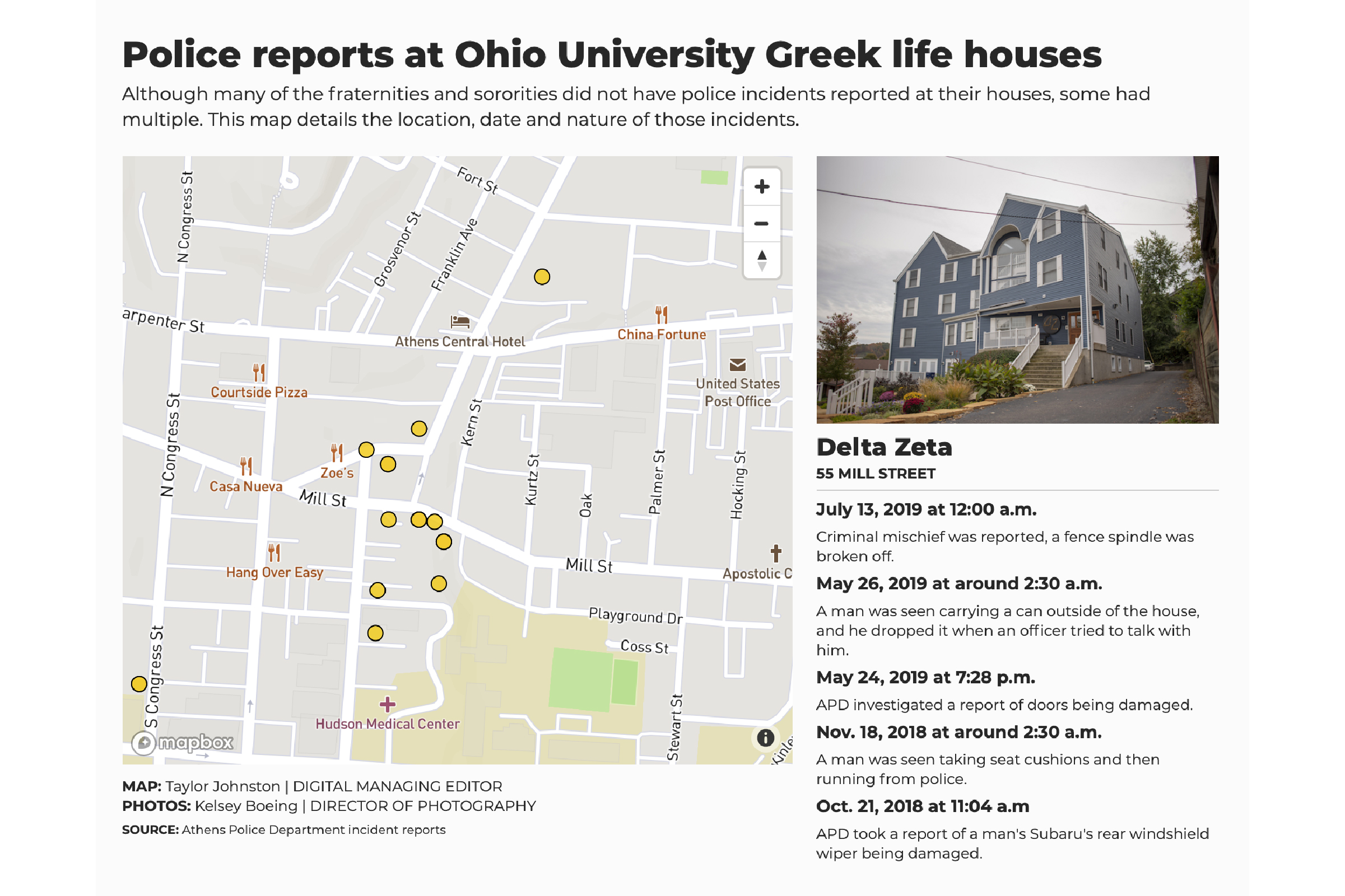 Map of police reports at Ohio University Greek Life houses