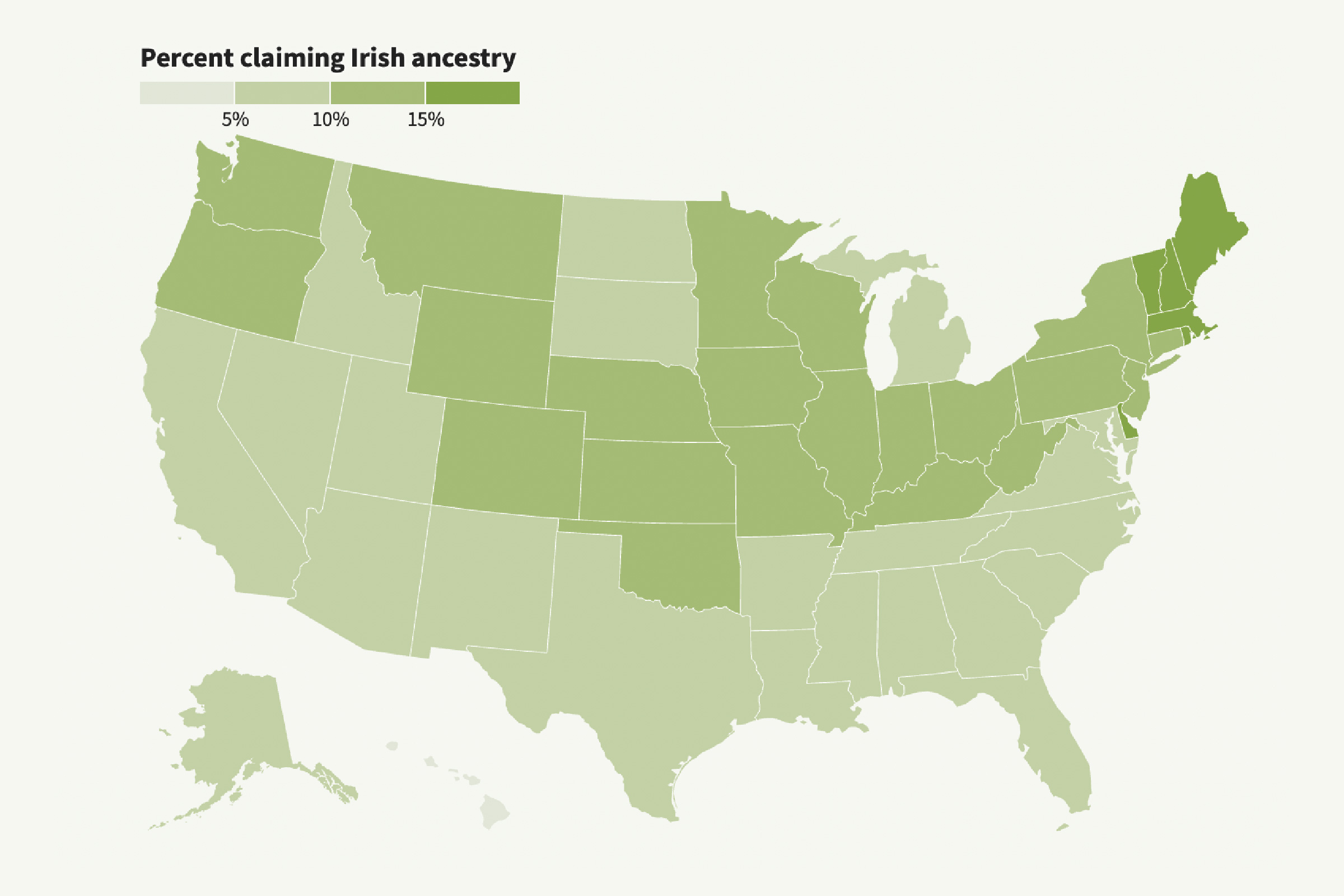 U.S. map showing population claiming irish ancestry.