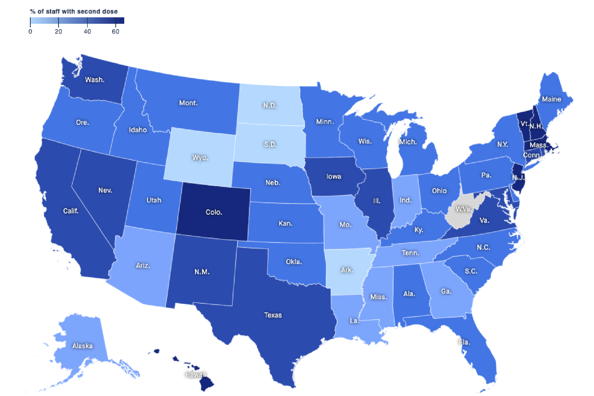 Interactive map showing percentages of long-term care workers who have been fully vaccinated