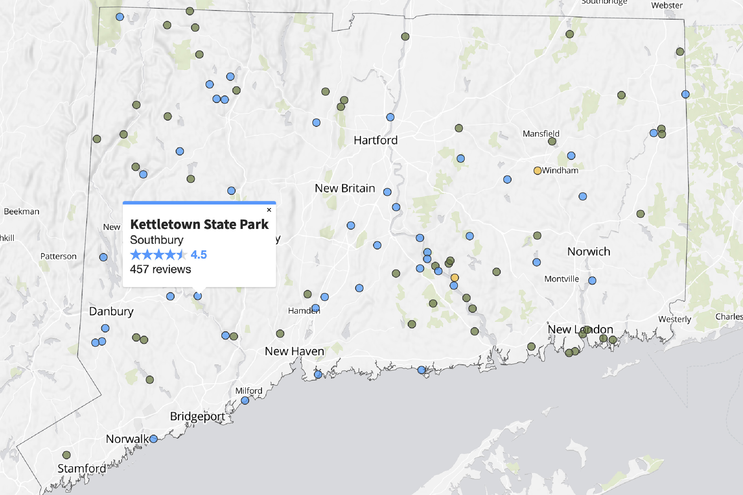 Interactive map showing CT's state parks and their Google Maps ratings.