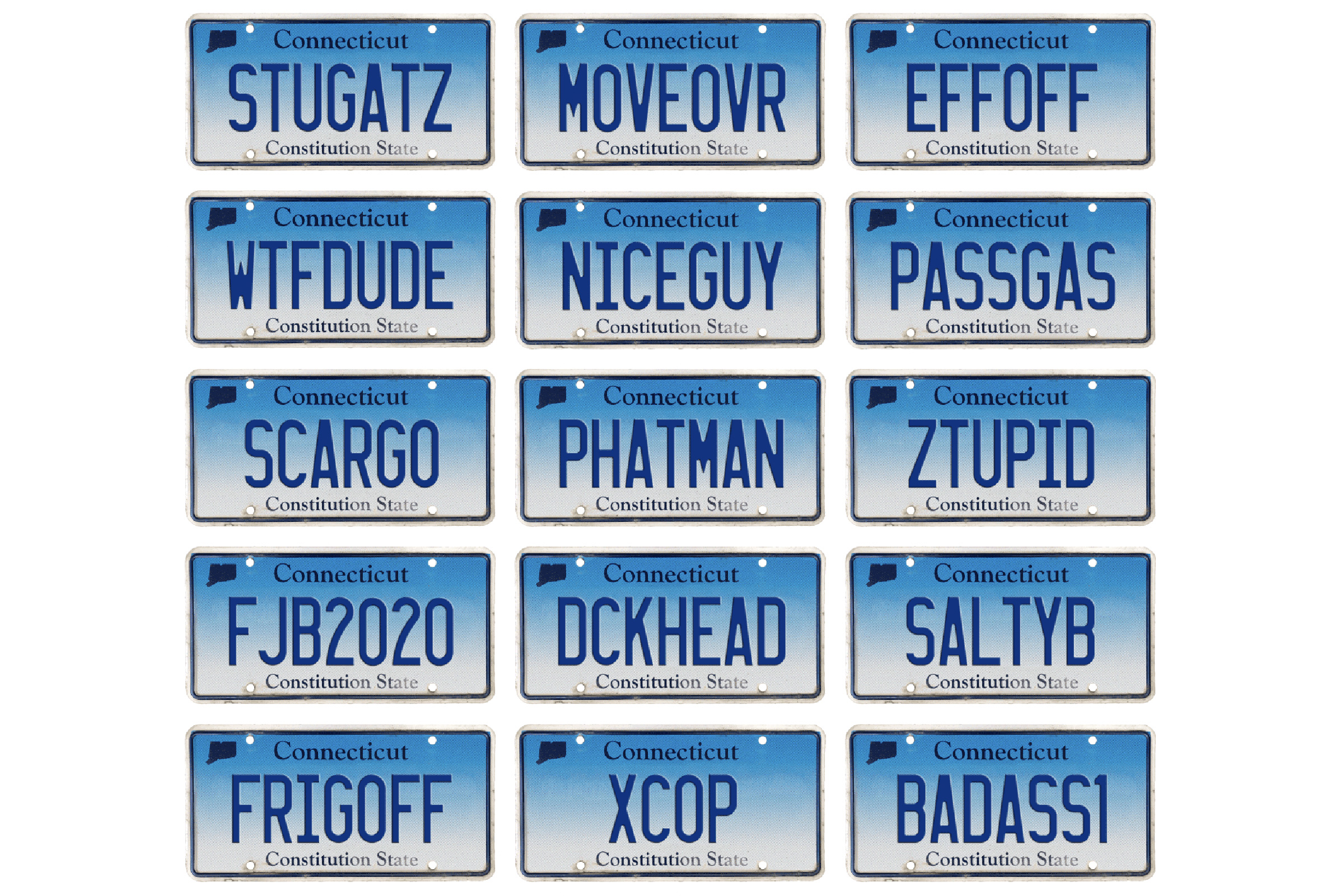 Photo illustrations of Connecticut vanity plates that were rejected.